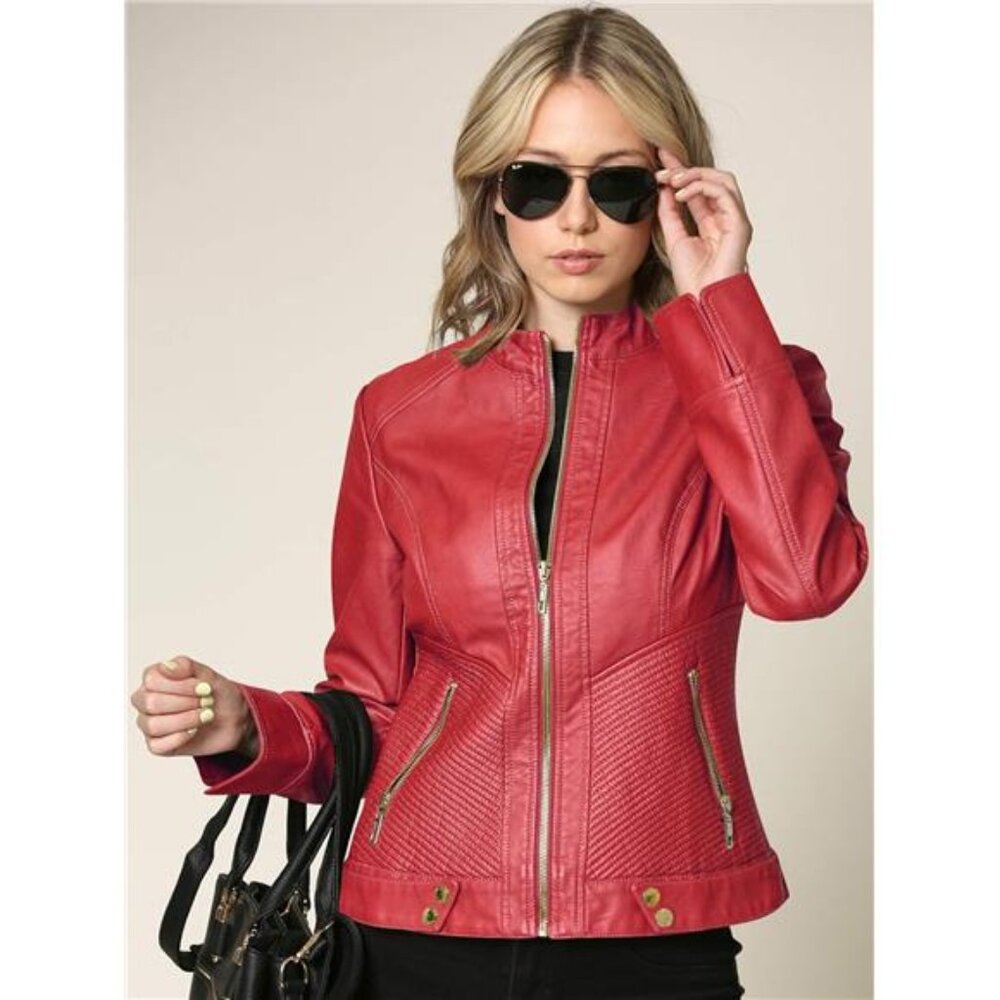 Slim Fit Stylish Vegan Leather Moto Jacket Red - Picture 1 of 7